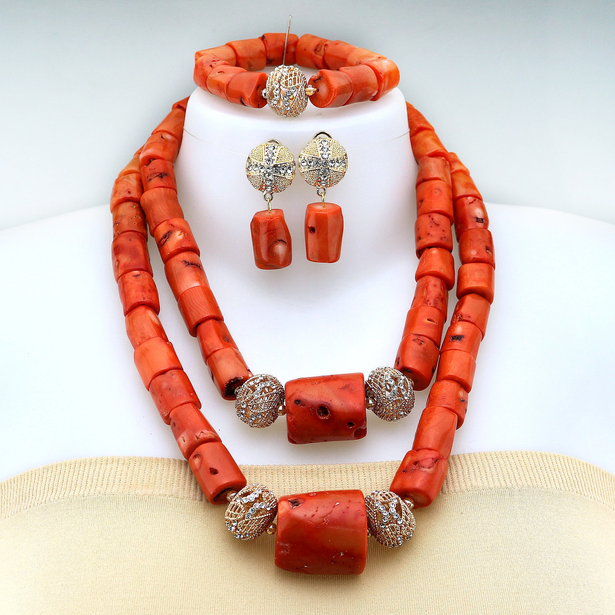 

Natural Traditional Nigerian Bride Wedding Jewelry Original Orange Coral Beads Necklace Set for Women Jewelry Necklace Set