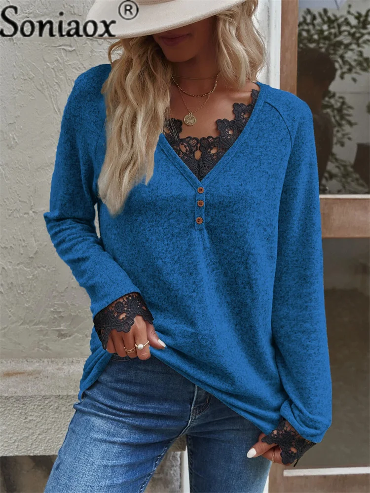 2022 Autumn Women Sexy Lace V Neck Button Patchwork Long Sleeve T Shirt Casual Solid Color Elegant Top Ladies Knitting T-Shirt