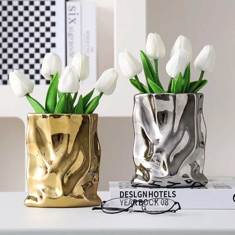 

Офисное украшение, простая современная цветочная композиция, украшение для дома, скандинавская керамическая нерегулярная ваза, гальваническая ваза для гостиной