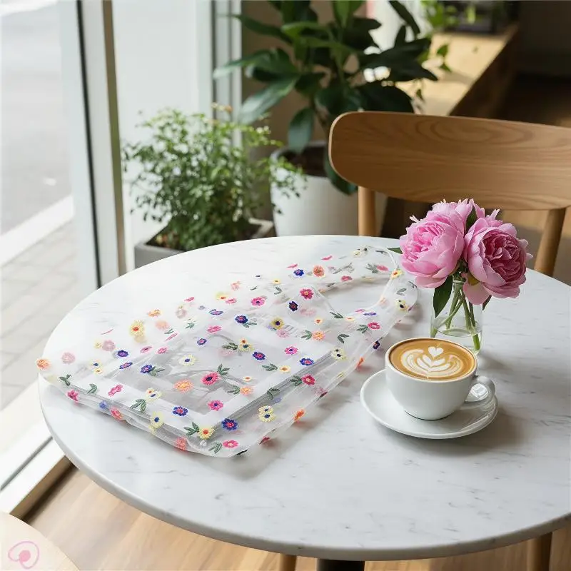 Grocery Travel Home Tote Bag with Vibrant Mesh Embroidered Floral Design