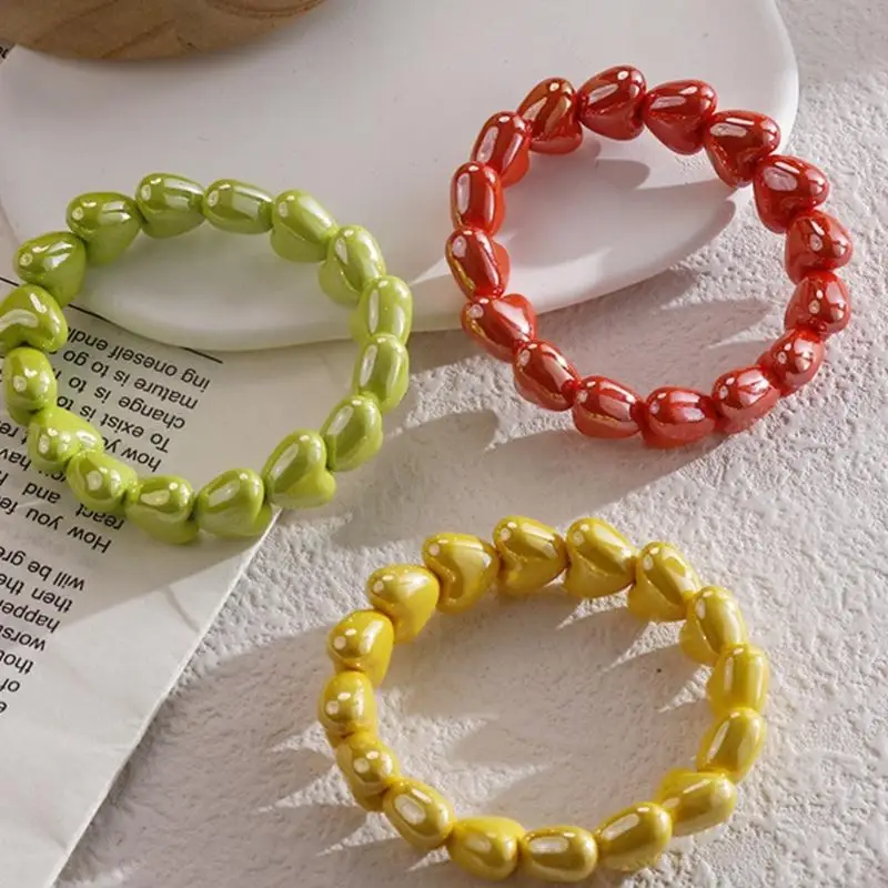 Glossy Heart Bead Bracelet, Mixed Material Wrist Jewelry with Approx. 8cm/3.15in Size for Daily Styling and Easy Gifting 
