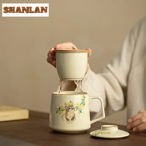 Ru Kiln 세라믹 찻잔, 창의적인 작은 고양이 사무실 컵, 부티크 커피 머그잔, 인퓨저 포함, 중국 찻그릇 장식품, 350ml