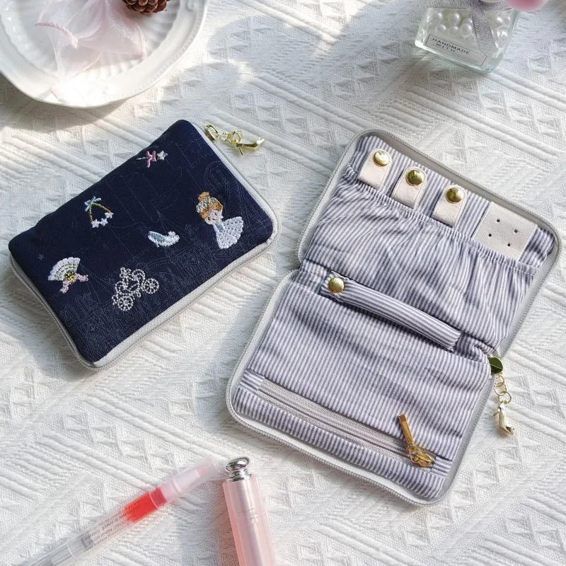 

Portable Travel Japanese Sle Embroidered Jewelry Bag Princ Mermaid Ring Nelace Earring Storage Case Pink Girl Heart