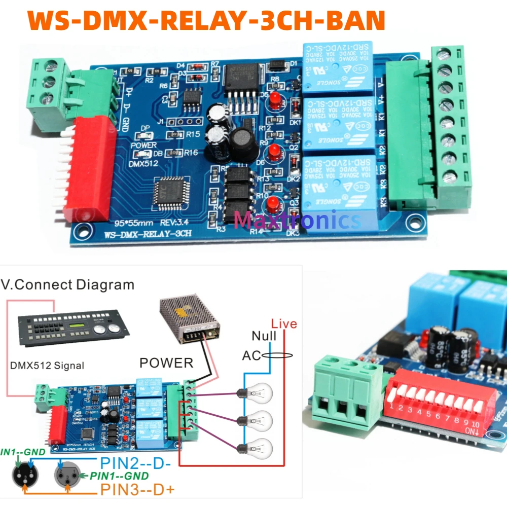 

NEW 3CH Relay Controller DMX 512 Decoder WS-DMX-RELAY-3CH-BAN Relay Switch for RGB LED Strip Light /Module Lamp Dump Node DC12V