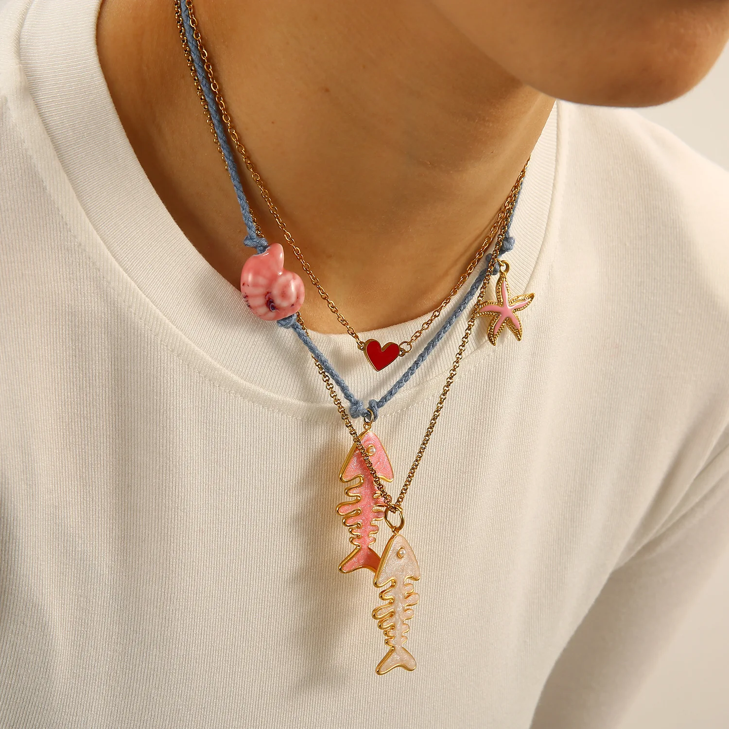 

Ocean Style Necklace with Stainless Steel Fish Bone Shell Enamel Pendants Rope Chain 18x42mm Statement Jewelry for Women