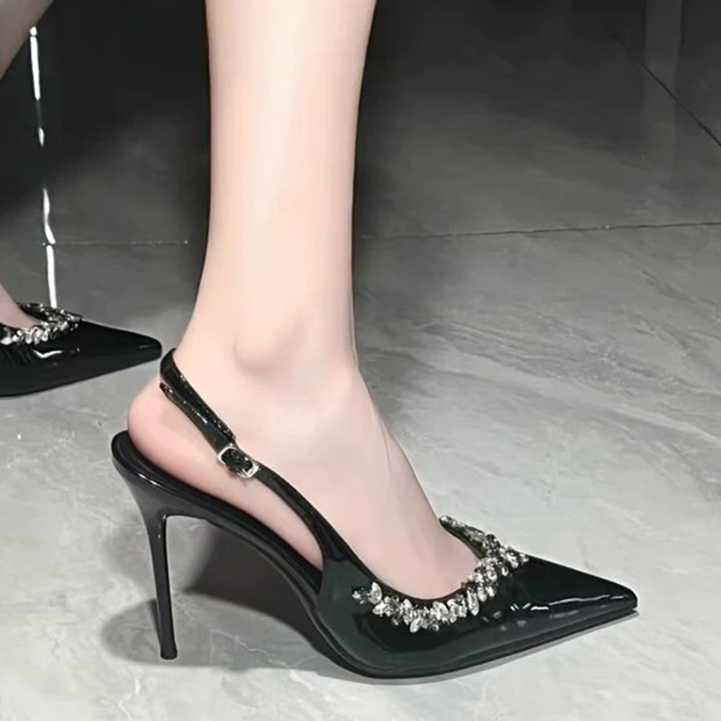 

European And American Style Banquet Slim Pointed Toe Rhinestone High Heels Women Super High Heel Patent Leather Back Trip Strap