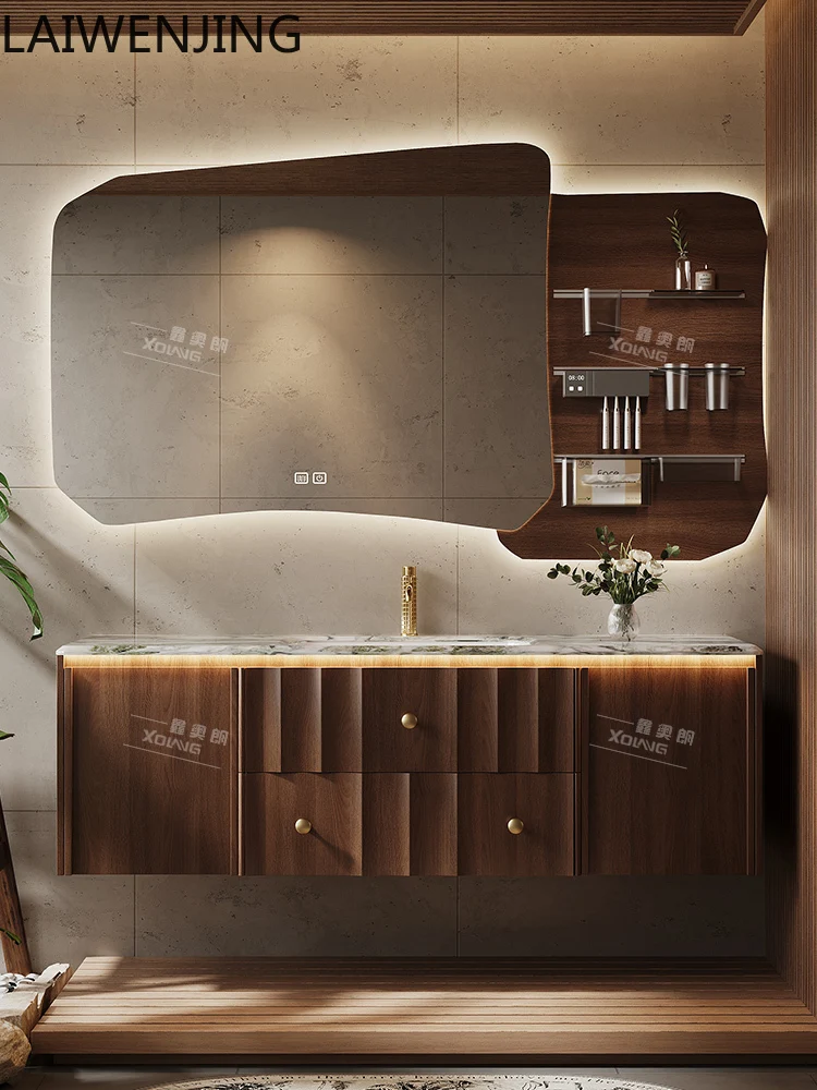 

MJY antique bathroom cabinet combination light luxury walnut luxury stone washing table cabinet customization