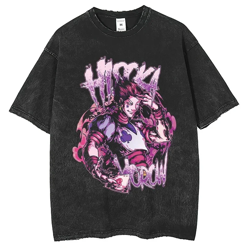 Anime Hisoka Morow Graphic Print Men's Washed TShirt Hunter X Hunter Streetwear Hip Hop Vintage Cotton T-Shirts Manga Daily Tees