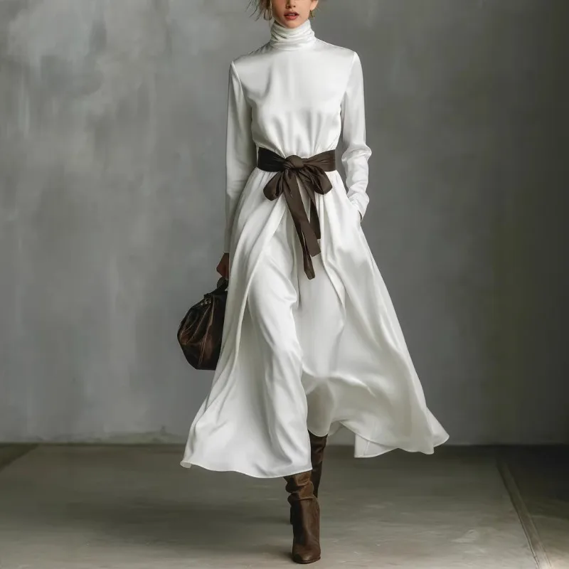 الخريف أنيقة عالية الياقة بلون طويلة الأكمام ألف خط فساتين كبيرة النساء مزاجه عطلة فستان طويل شيك ثوب مسائي