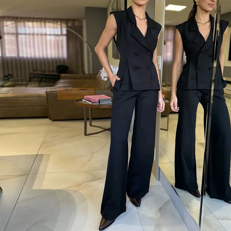 

Women's Slim Fit High Waist Long Pants Vest Two Piece Set Pure Color Ele Faionable Spring Season Button Closure