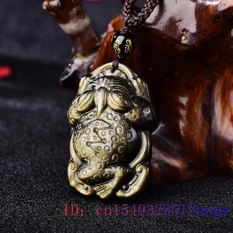 Golden Obsidian Frog Pendant Necklace Stone Charm Gift Carved Gemstone Real Jewelry Gifts for Women Men Natural Accessories