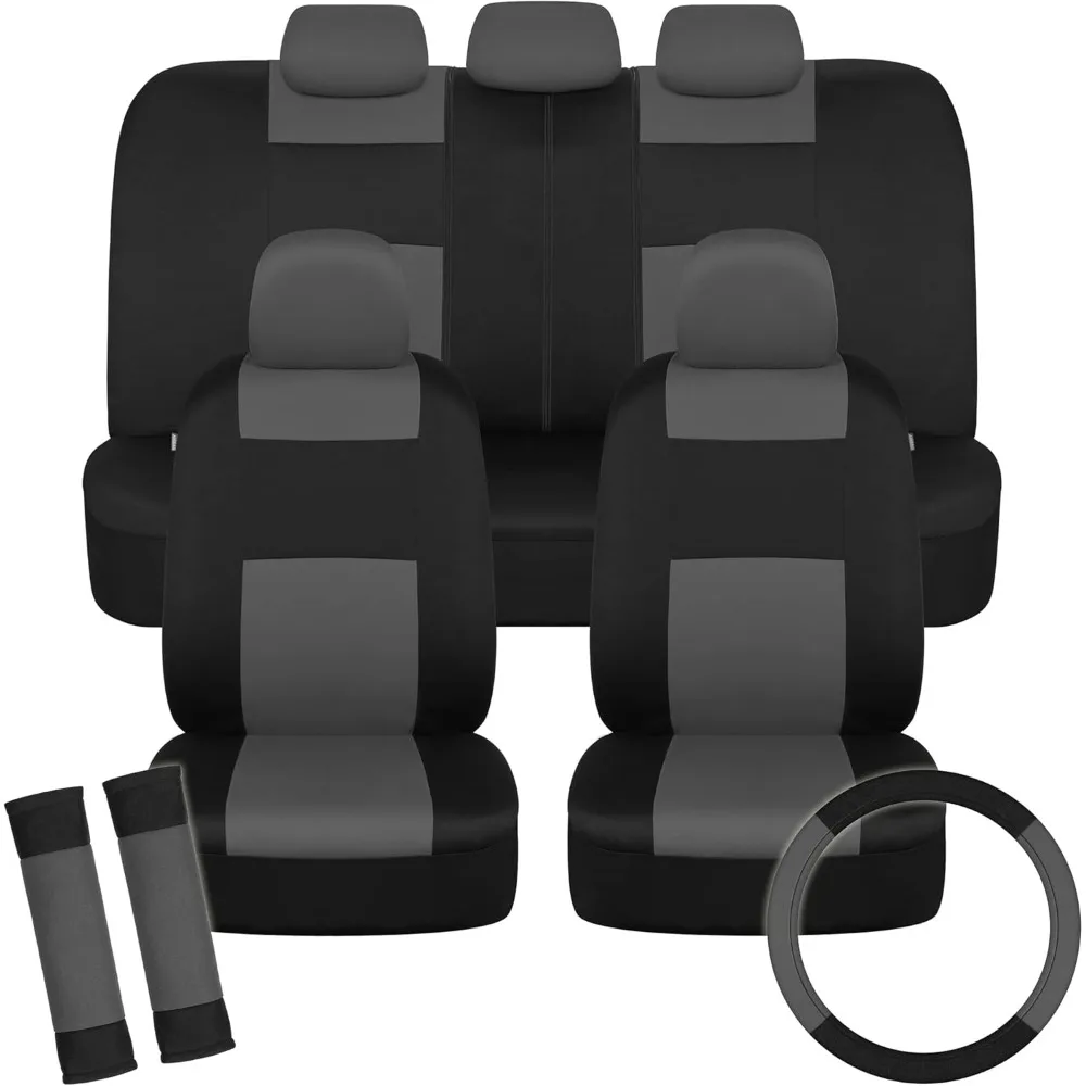 

Polyester Car Seat Covers Full Set in Charcoal on Black with Steering Wheel Cover and Seat Belt Pads for Front and Rear Split Be