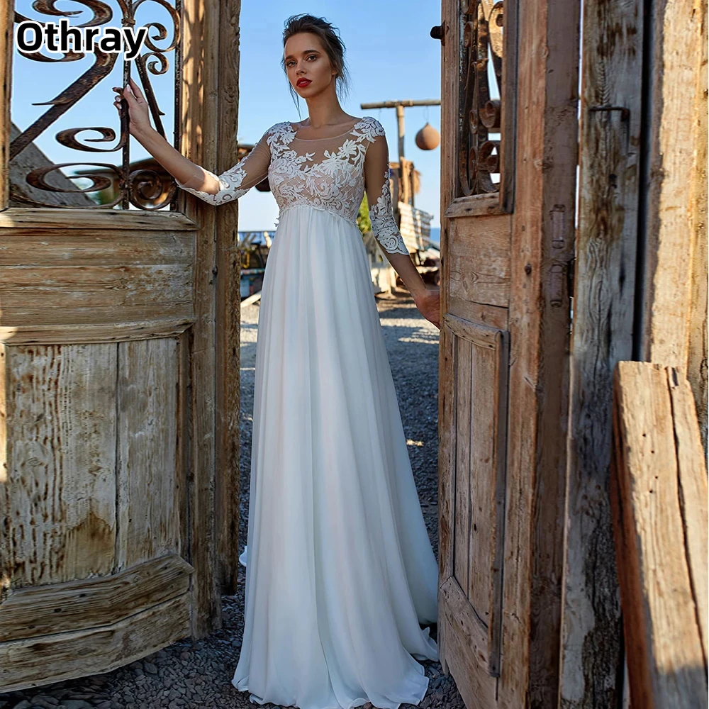 Othray Chiffon Lace Bridal Dress Pearls Back Appliques Long Sleeves A-line Sweep Train Brides Wedding Dresses Party Wear