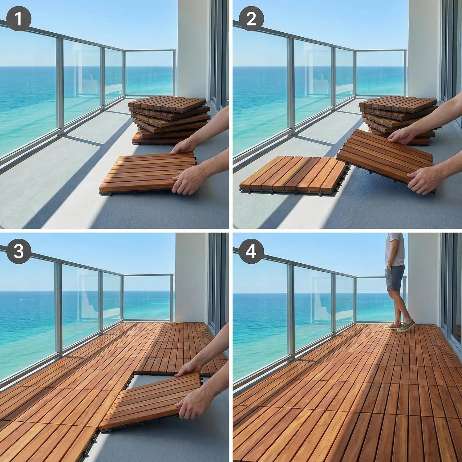 EZ-Floor Interlocking Flooring Tiles in Solid Teak Wood Oiled Finish (Set of 10), Long 9 Slat