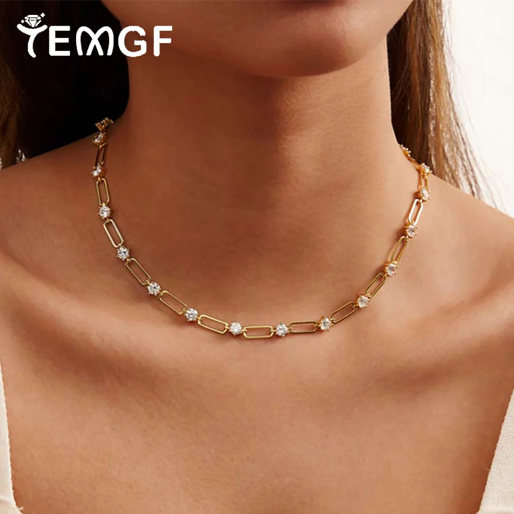 

TEMGF 4mm/4.5mm D Color Moissanite Tennis Necklace S925 Silver Plated 18k Gold Certified 16Inch Neck Chain Jewelry for Women