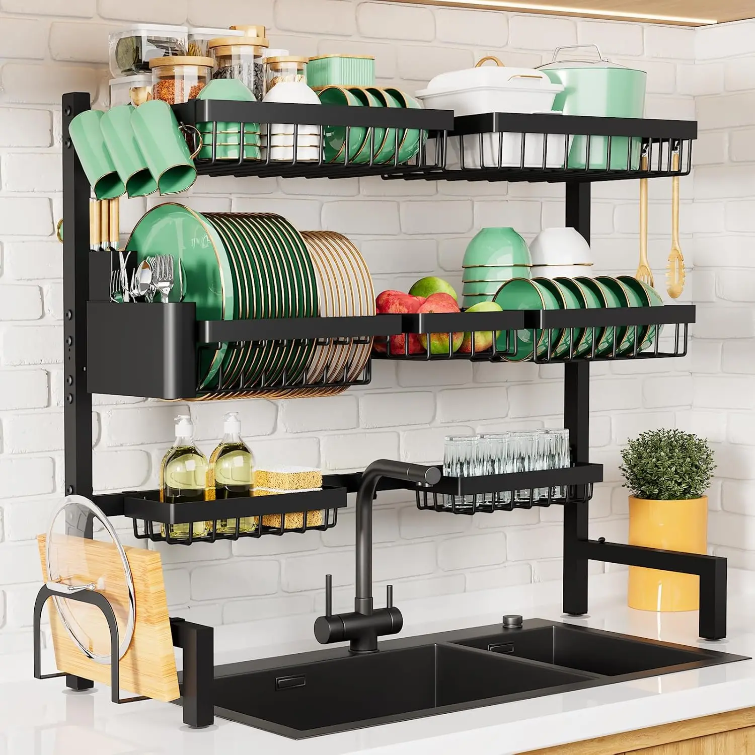 

Adjustable Over-Sink Dish Drying Rack, 31.5-39.4 Inches Wide with Multi-Functional Baskets, Black