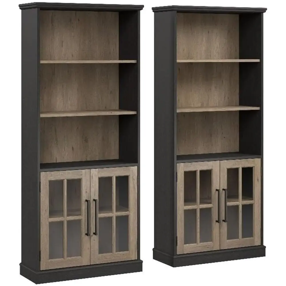 5 Shel Bookcase with Glass Do- Set o 2 in Vintage Black/Restored Tan Hickory | armhouse Bookshelor Livin