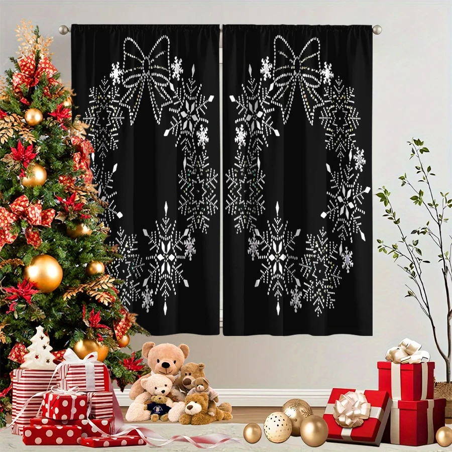 2PCS Christmas Winter Curtains, Dot Snowflake Bow Heart Black White Rhinestone, Digital Print, Bedroom Living Room, Home Decor