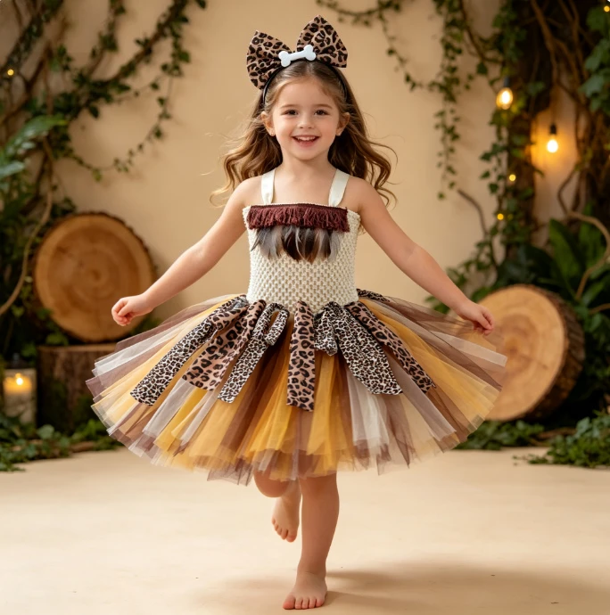 Girl Halloween Primitive Savage Native Cave Style Tutu Dress Jungle Princess Outfit For Carnival Party Fancy Dress Up Role Play