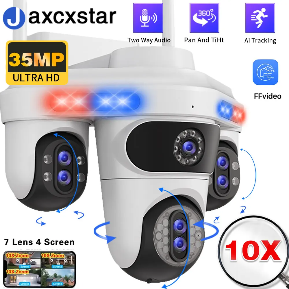 

35MP 10x Zoom PTZ Camera Intelligent Automatic Tracking Outdoor Security WiFi Wireless 4-screen 7-lens CCTV Monitoring