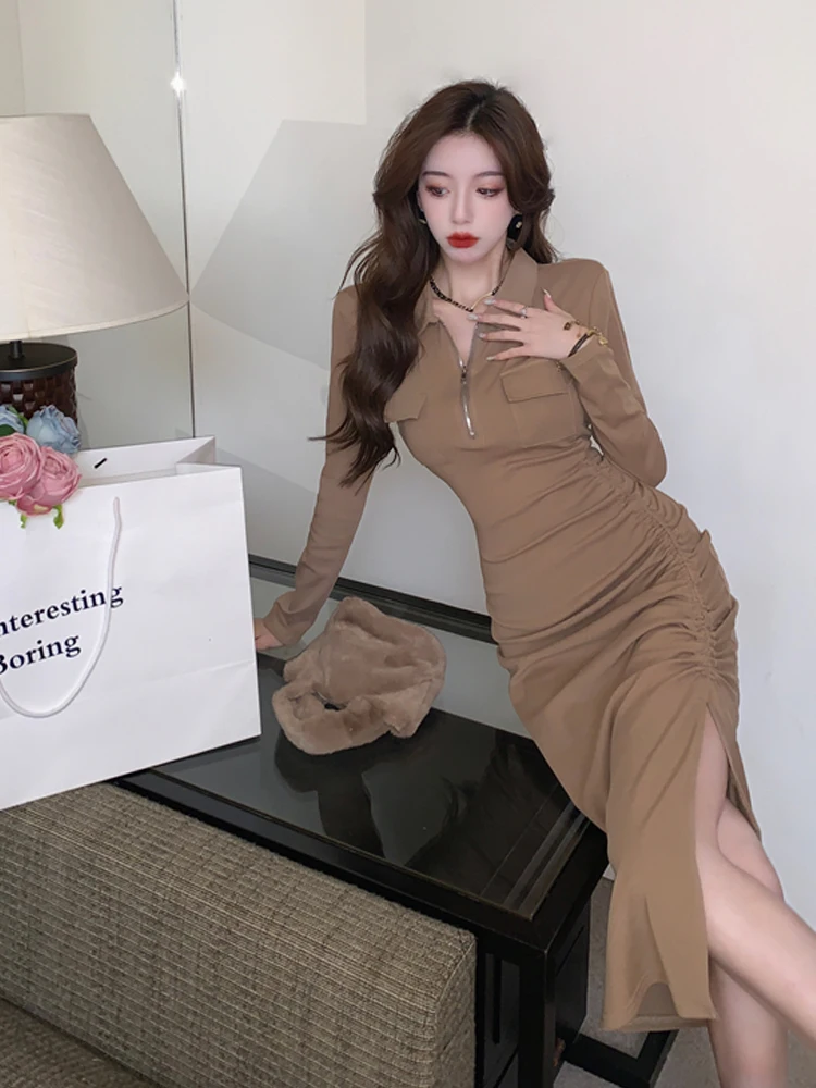 Korean Version of Autumn New Temperament Women Long-sleeved Lapel Dress Slim Slit Skirt Dress for Women Y2k Ready-to-wear Dress