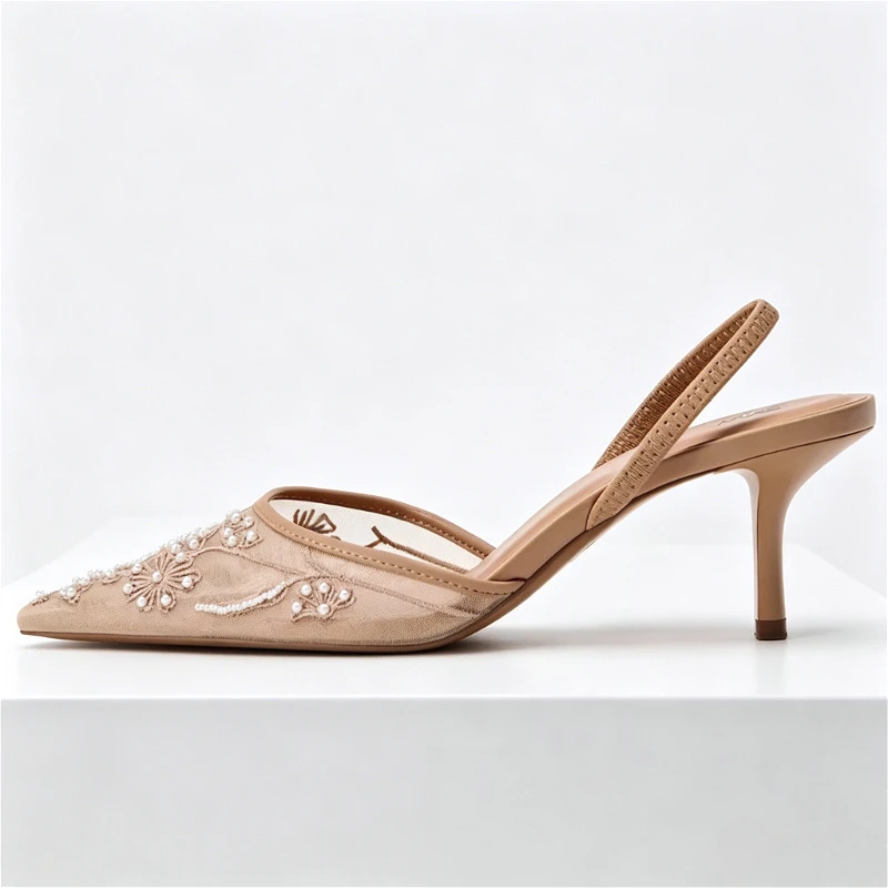 Luxury Mesh Embroidery High Heels Women Sexy Pointed Toe String Bead Slingback Heeled Sandals Summer Elegant Banquet Dress Shoes