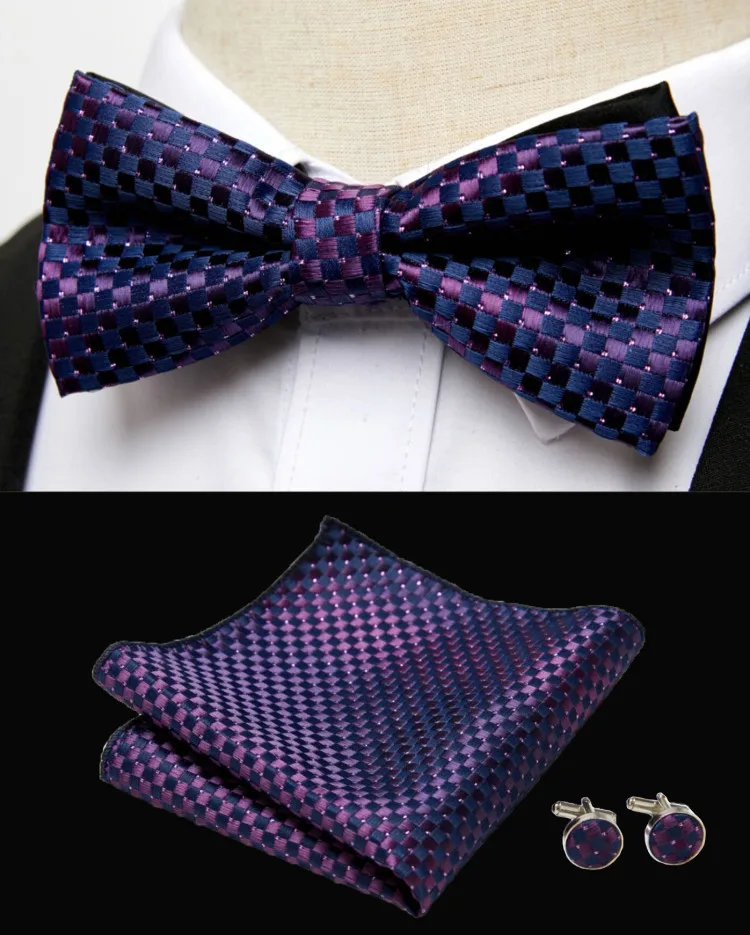 HUISHI Klassische blaue Fliege für Männer, Paisley-Blumenfliege, Einstecktuch, Manschettenknöpfe, Anzug-Set, Hochzeit, Party, kariert, solide Schmetterling – Detail 11