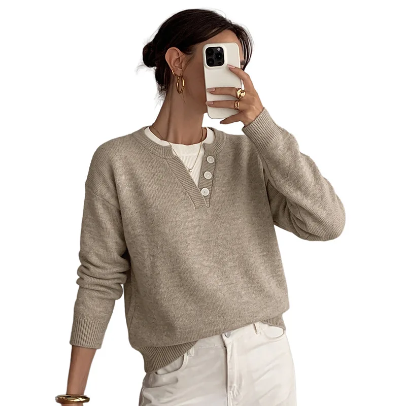 MsChuh Women's Pullovers 2026 Autumn/Winter New Style Round Neck Solid Color Button Contrast Splicing Fake Two Piece Sweaters 5