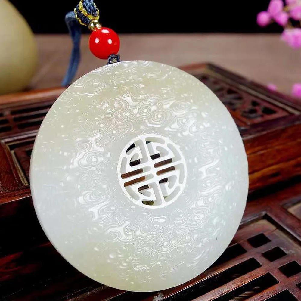 Real Certified Hetian Jade Sugar White-Jade Carving Auspicious Cloud Pattern Lucky Buckle Pendant With Exquisite Craftsmanship