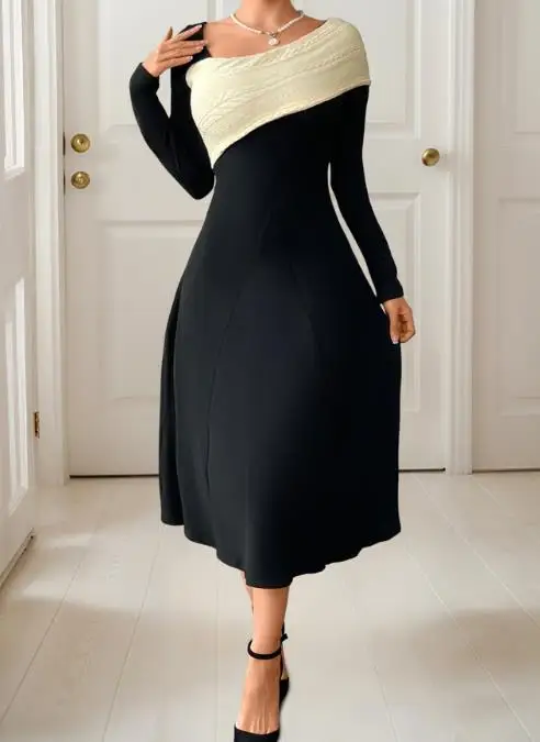 2025春夏新作　万能でセクシー、エレガントなウエストシェイプ、ゆったりとしたAラインのイレギュラーVネックカラーブロックワンピース