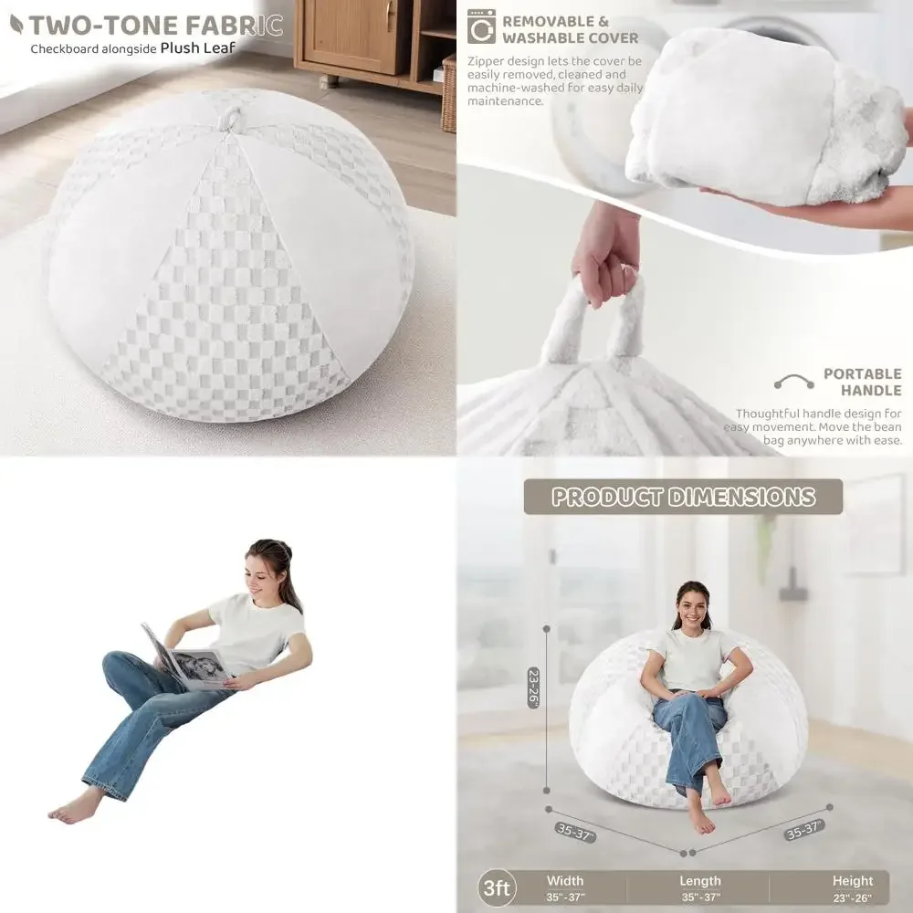 

Memory Foam Filled Teardrop Bean Bag Chair and Plush White Checkered Sofa with Removable Cover for Home Comfort