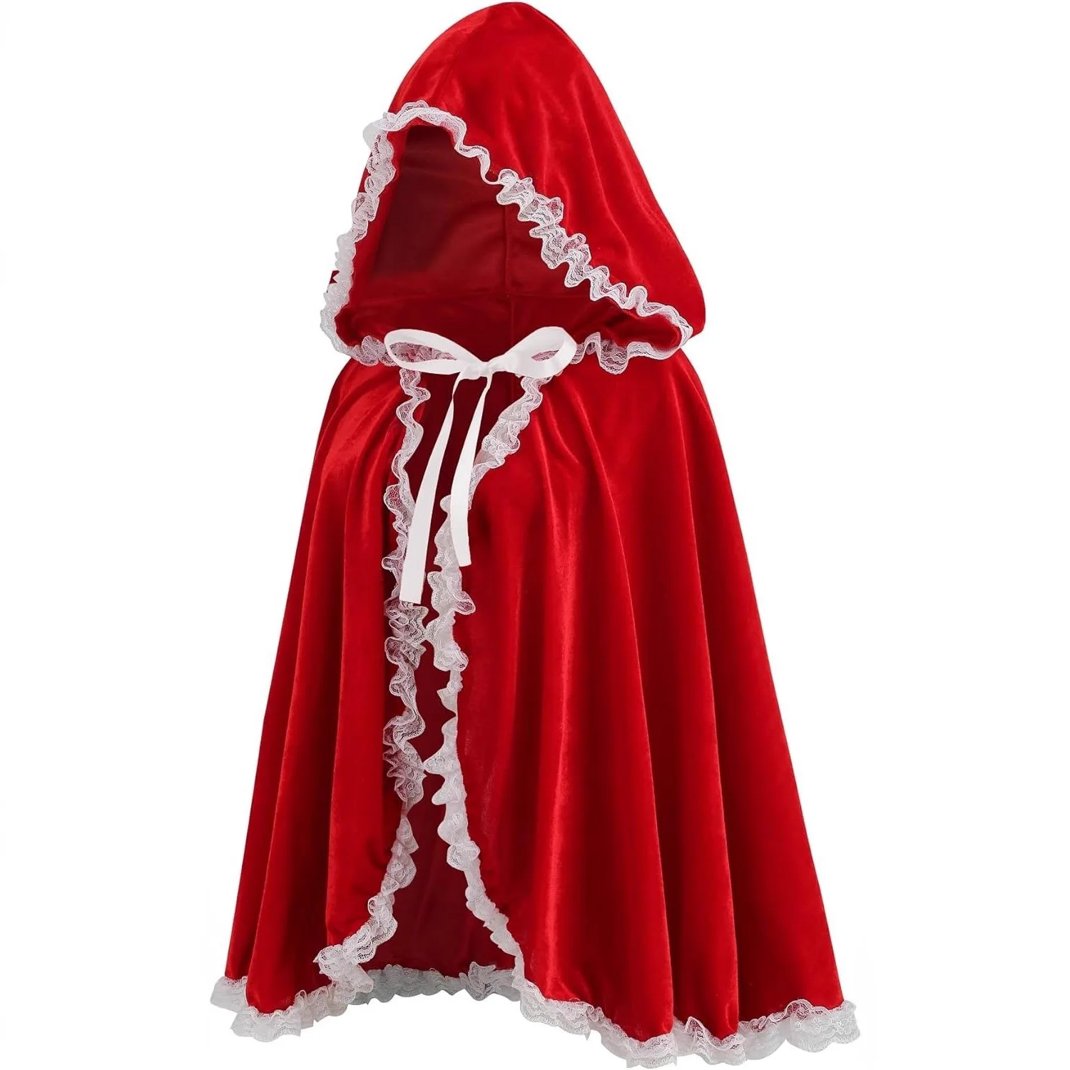 Capa corta con capucha y detalles de encaje, inspirada en la Caperucita Roja, para disfraces de Halloween, Navidad o representaciones teatrales.