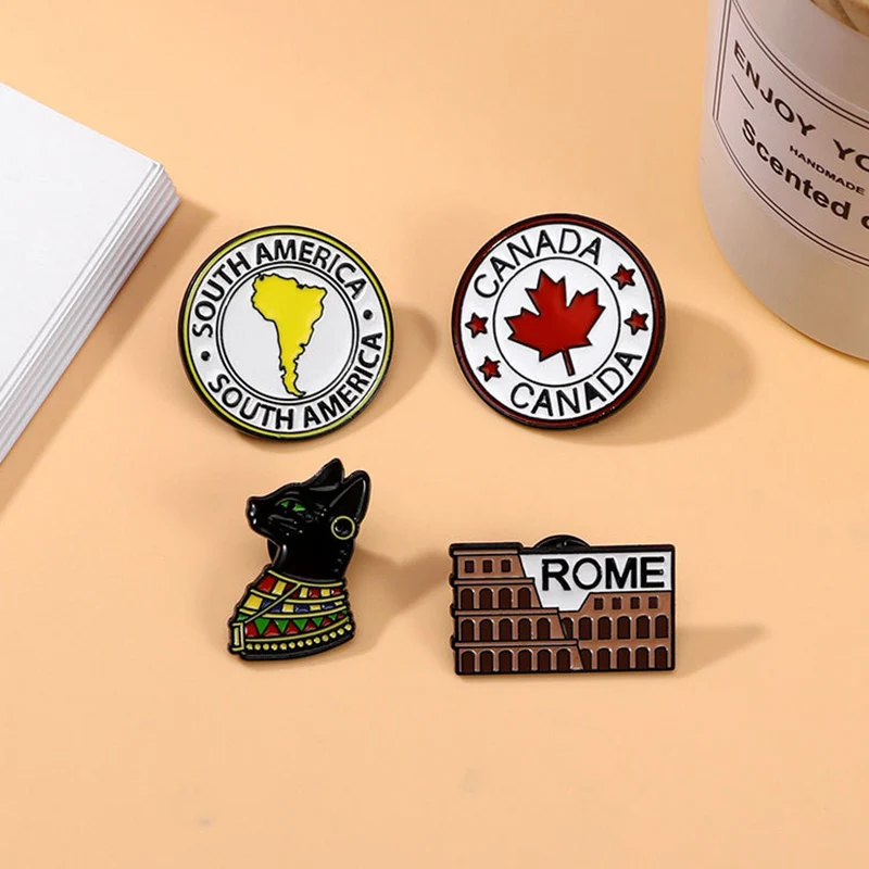 Cartoon Travel Brooch Roman Colosseum Canadian Maple Leaf South American Egyptian Black Cat Badge Punk Clothe Lapel Pins Jewelry