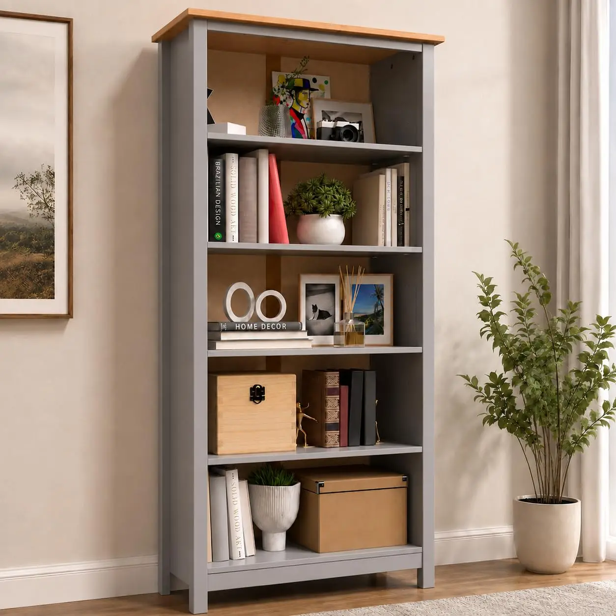 

63" Solid Pine Shaker Bookcase — Narrow 14" Depth with 4 Adjustable Shelves — Holds 50 lbs Per Shelf — Anti-Tip, Customized
