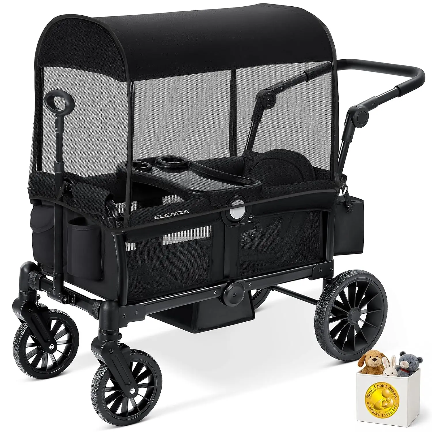 ELEMARA Stroller Wagon, 2 Seat Stroller for 2 Kids, Premium All Terrain Stroller for Kids w/Removable Canopy, Adjustable Push/Pu