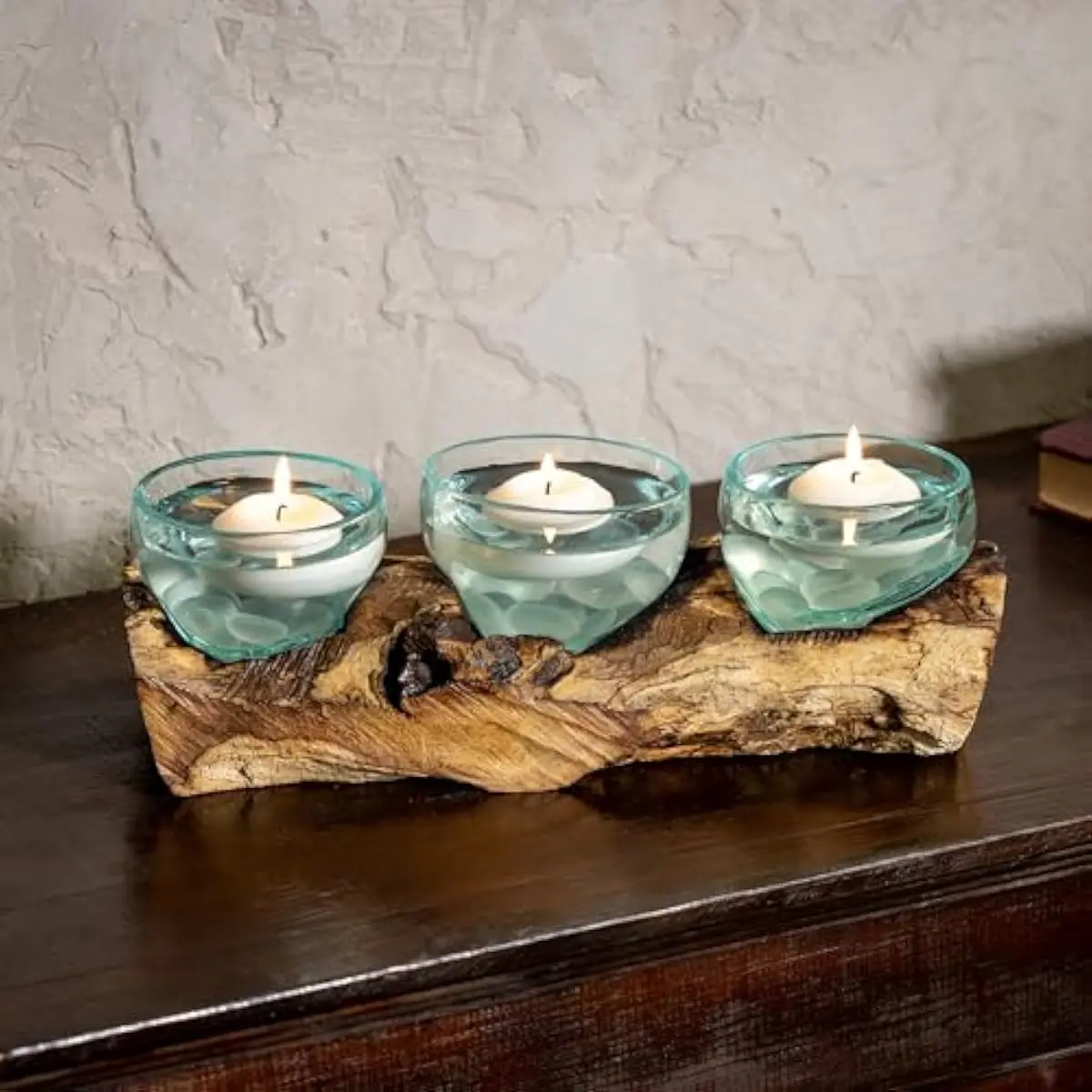 Set of 3 Handcrafted Glass Terrariums in Soft Blue Hue | Natural Teak Driftwood Bases | Indoor Living Plant Display | Clear Recy