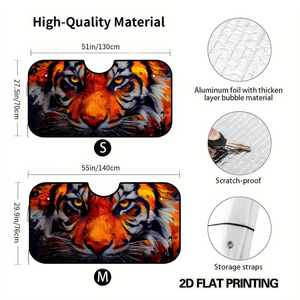 2D Flat Printing, 1pc Vibrant Tiger Face Decorative Print Windshield Sunshade For Car, Foldable And Compact Sun Visor, Ideal For