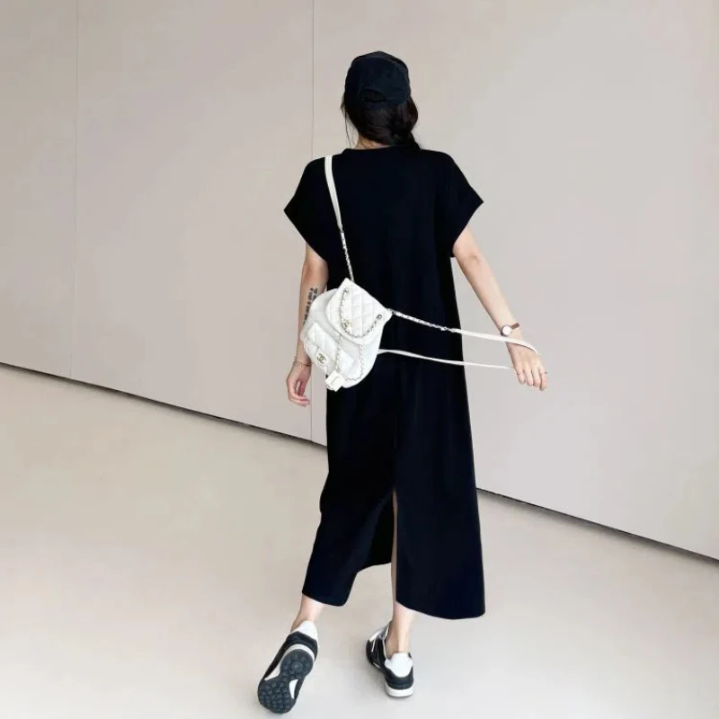 ルーズブラックドレス 2025 夏プラスサイズの女性の Tシャツドレス弓半袖女性ローブプリントレターカジュアル Vestido KE6813