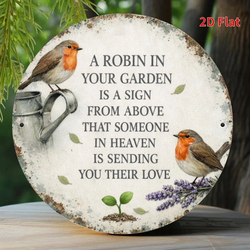 2D Flat, 2D Flat Print, a Picture of Robins in a Garden, Metal Plaque Design, Suitable for Home, Office, Bedroom, Coffee Shop, G