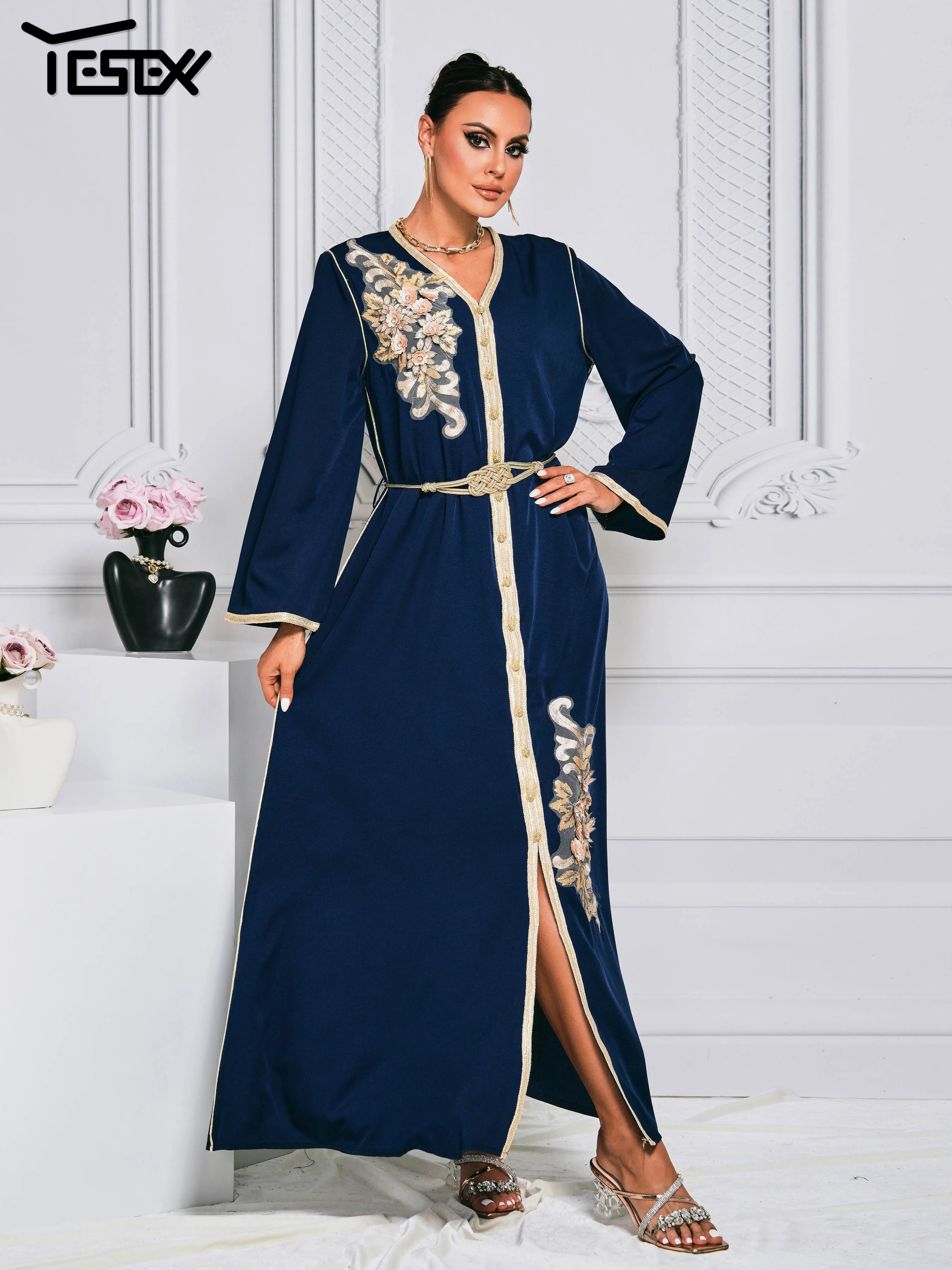 Yesexy 2024 New Middle East Cross Border Hot Selling Women's Wear Muslim Robe Blue Church Prom Party Dress