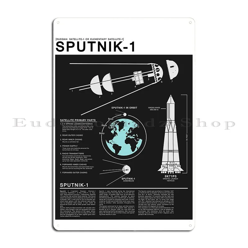 Sputnik 1 Infographics Metal Plaque Poster Customized Vintage Wall Club Decoration Tin Sign Poster