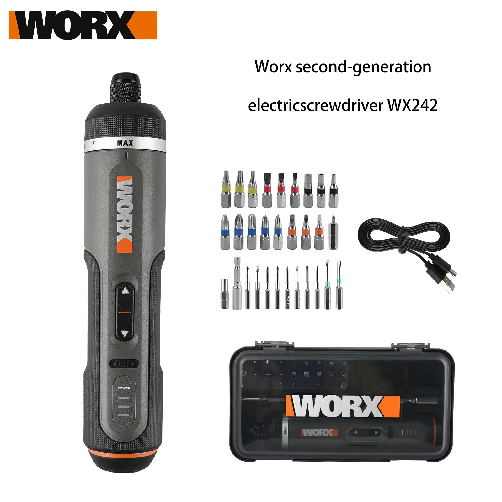 Worx WX242 4V Mini Destornillador Eléctrico Inteligente Inalámbrico con Batería USB y Mango, Juego de 30 Puntas de Taladro