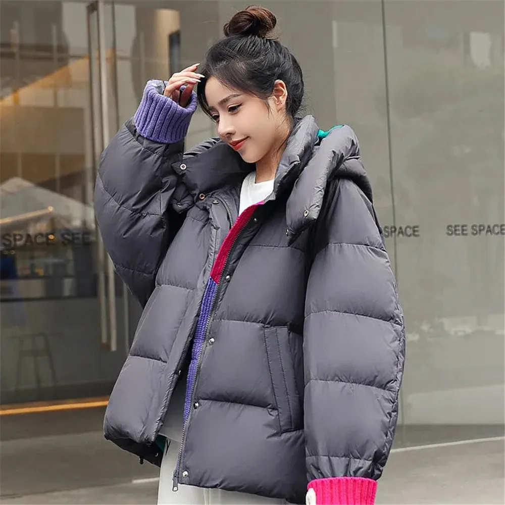 Patchwork Korean Fashion Streetwear Winter Parka Women Casual Loose Zip Up Jackets Vintage Y2k Oversized Snow Wear Clothes Coat