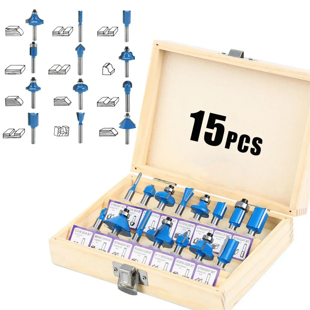 Milling Cutter Set with Shank, Moagem Woodworking Tools, Fits para afiação, aparar, veias, ranhura, 1, 4 "Shank, 15 pcs