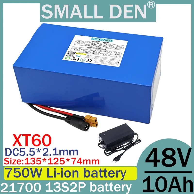 New 48V 10ah 13S2P 21700 lithium battery pack, built-in BMS electric tool 0-750W power motor rechargeable battery+2A charger