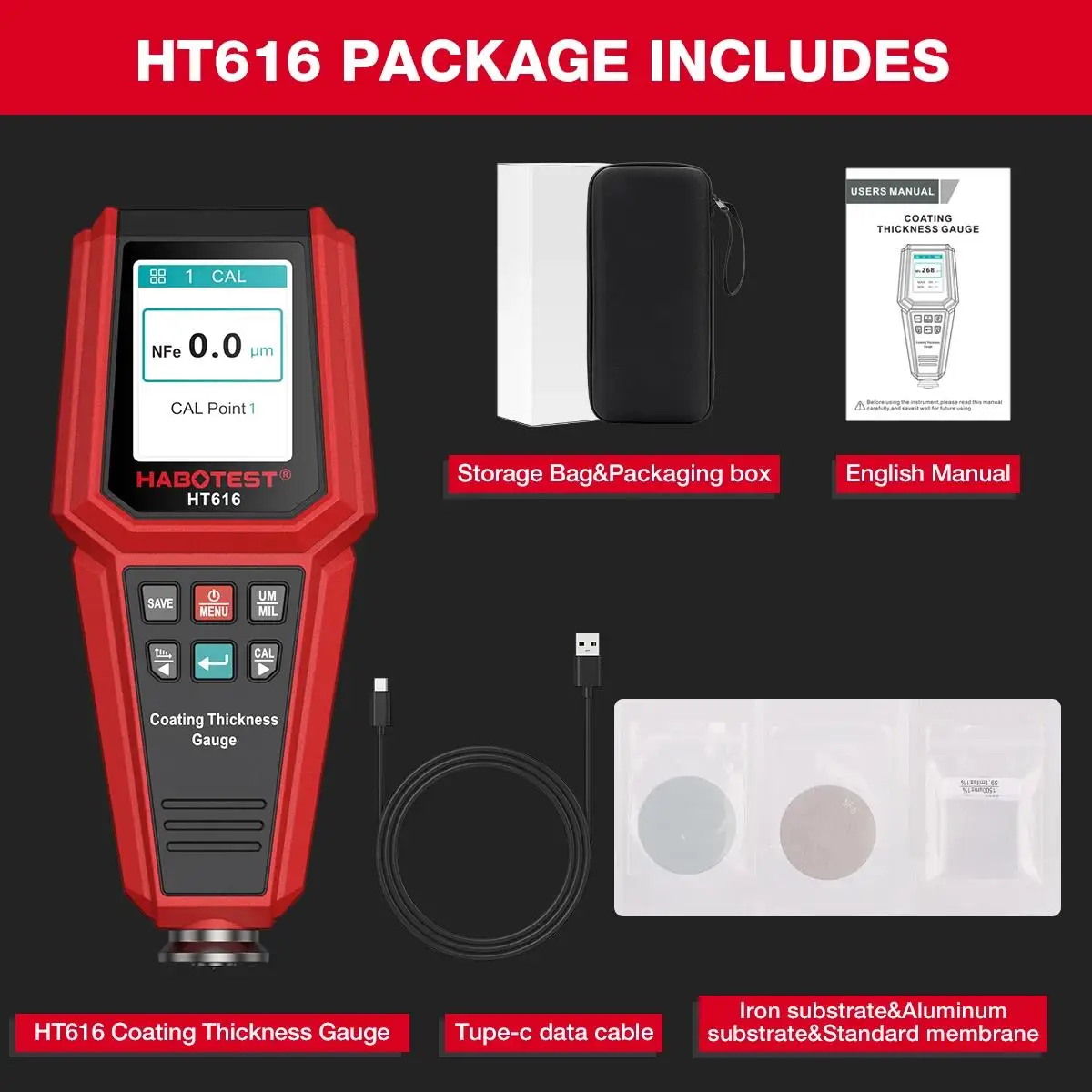 HABOTEST HT616 Autolackschichtdickenmessgerät 0-1500UM Autofolienlackschichtdickenmessgerät mit Speicherfunktion für Kalibrierdaten in Gruppen – Detail 18