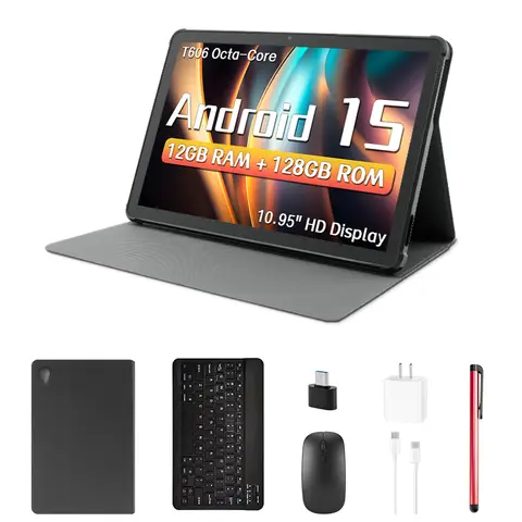 ANRY 10.95인치 HD 디스플레이 태블릿 안드로이드 15 12GB 램 128GB 저장용량 2.4G/5G 와이파이 T606 옥타코어 8000mAh 안드로이드 태블릿 (케이스 포함)