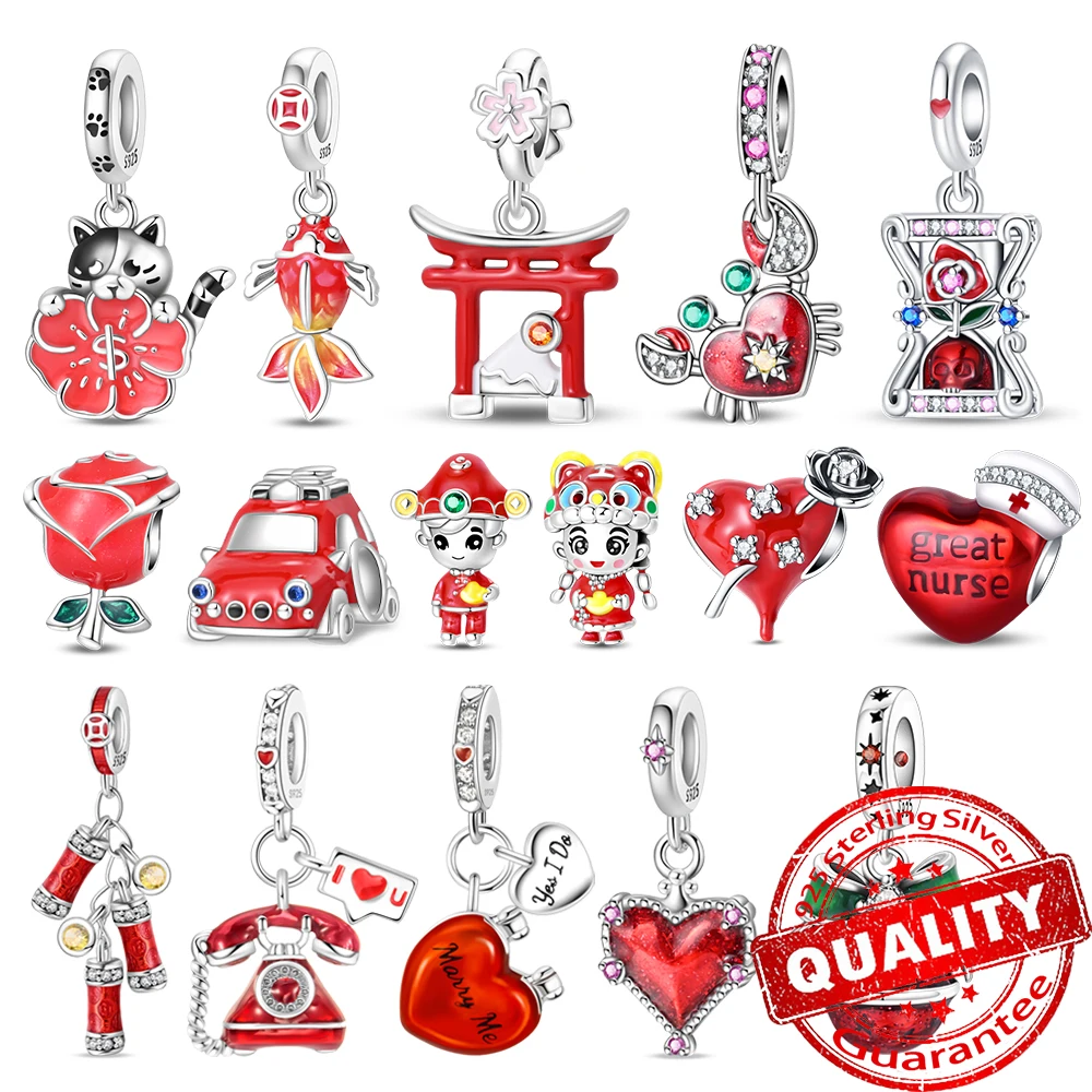 Hermoso colgante rojo de Plata de Ley 925 con forma de corazón rosa, cangrejo, petardo, para niñas y niños, apto para pulsera DIY, collar, regalos bonitos