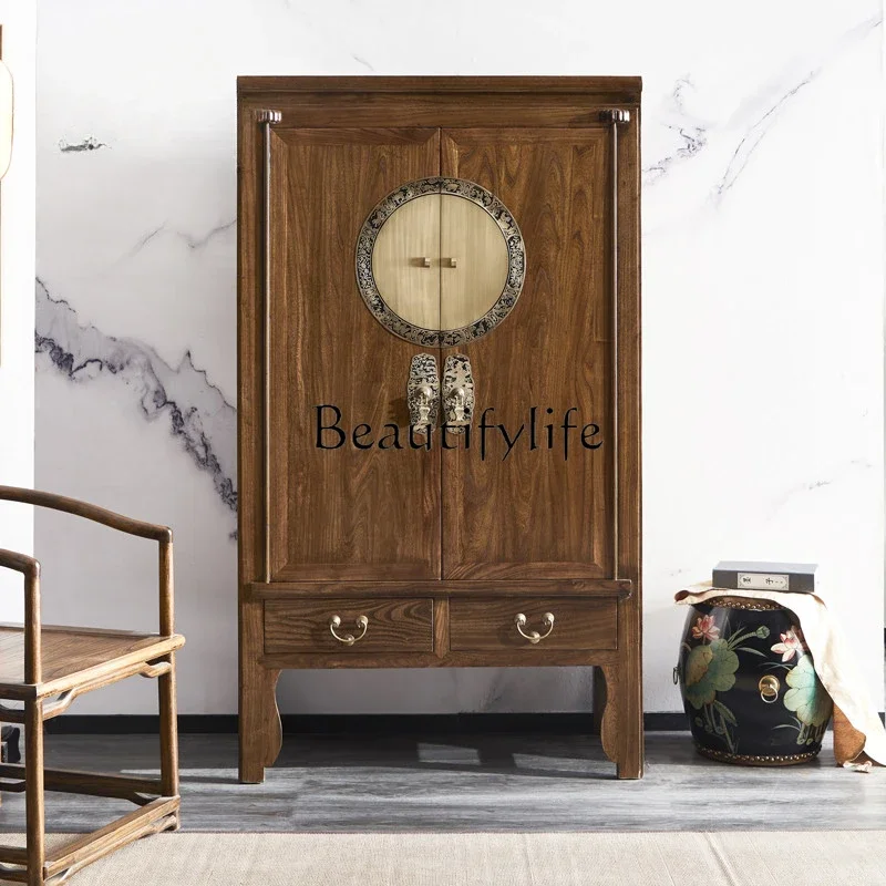 

S New Chinese Style Wardrobe Solid Wood Antique Simple Bedroom Storage Old Elm Classical Walnut Color