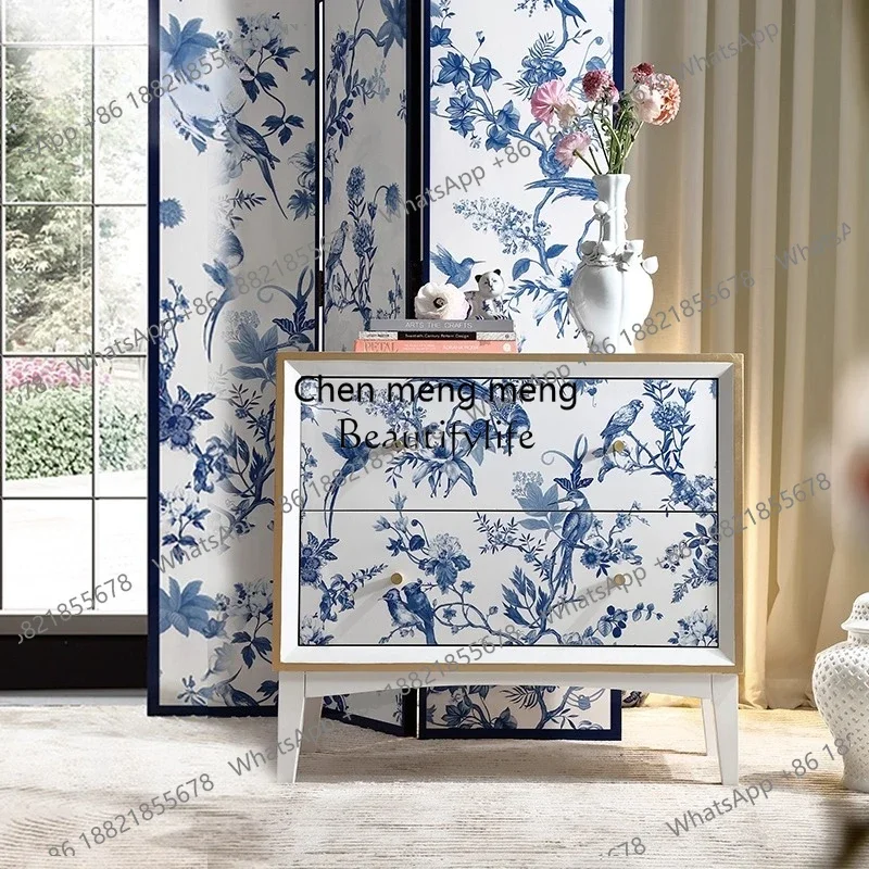 Z10Blue and white porcelain white solid wood French antique multi-purpose entrance cabinet storage Chinese style decorative cabi